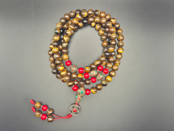 Tigerauge Mala-Gebetskette mit Schmuckelementen | 108+1 Perlen | ca. 8mm
